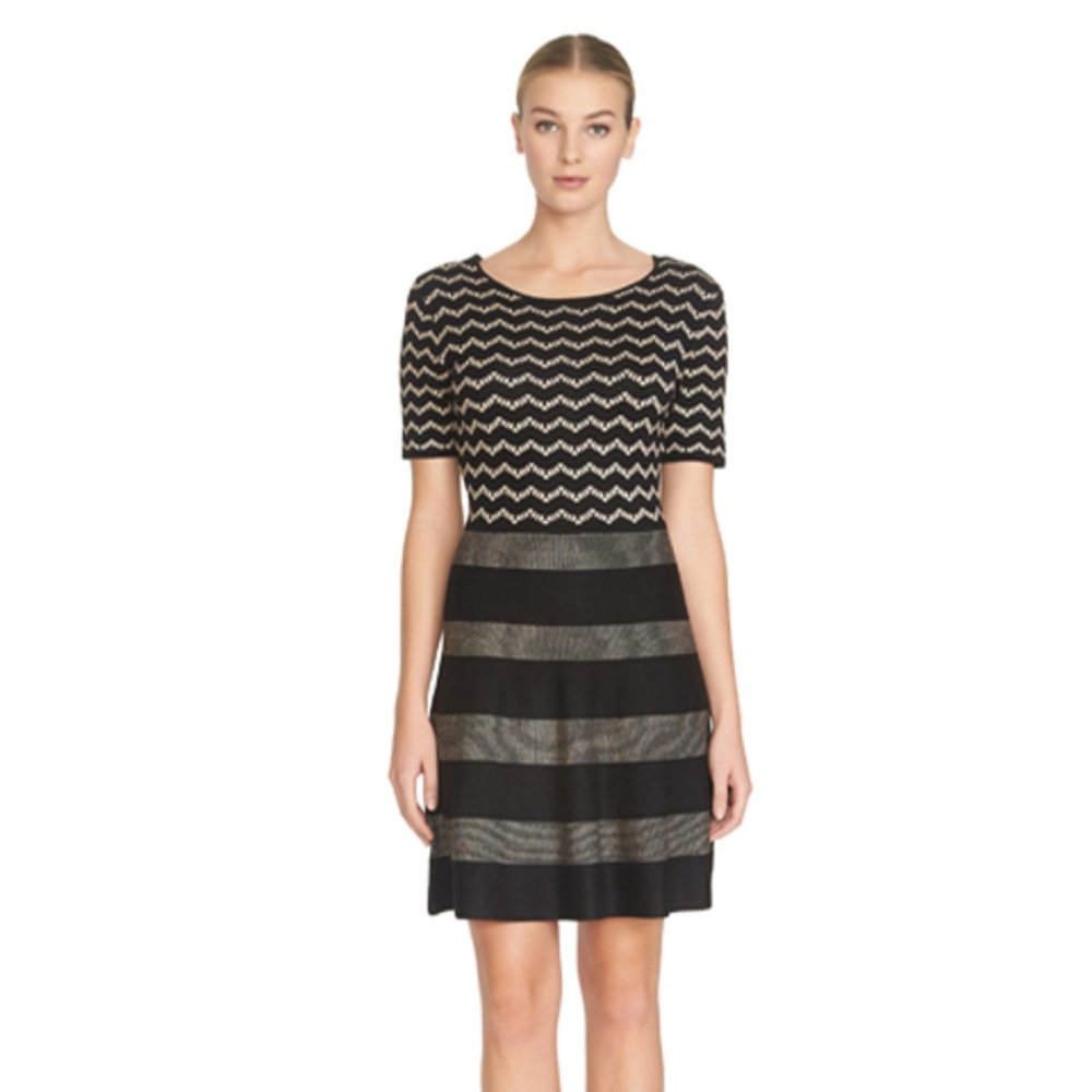 CECE FOR CYNTHIA STEFFE BLACK STRIPED AND CHEVRON KNIT DRESS